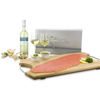 Präsentbox Genießer mit Lachs und Wein
